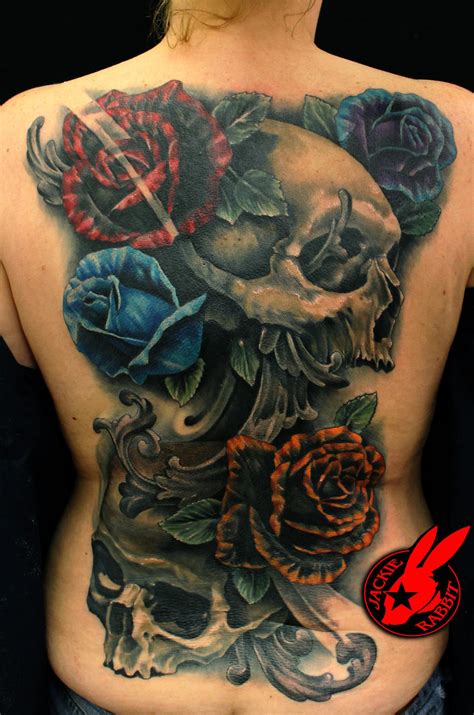 Skull Roses Back Piece Tattoo By Jackie Rabbit By