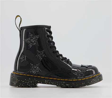 dr martens delaney junior  zip lace boots black patent star cosmic glitter unisex
