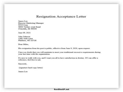 resignation acceptance letter sample template redlinesp