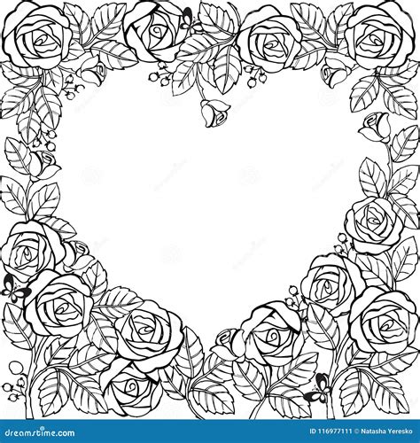 flower frame  roses  heart flower frame  coloring page stock