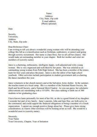 sample sorority letters  recommendation   ms word