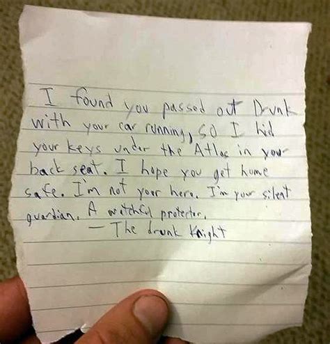 guardian angel leaves hilarious note for drunk man found passed out in car mirror online