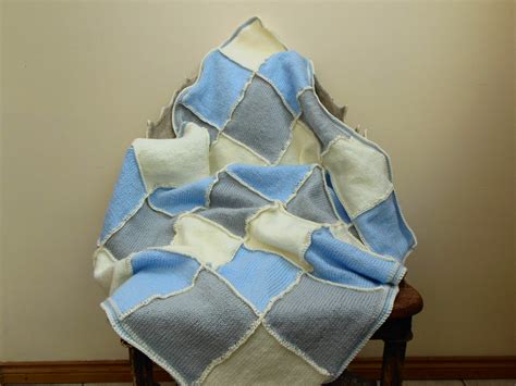 hand knit baby blanket cream blue grey wool gift  boy