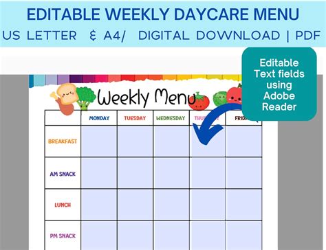 daycare weekly menu printable daycare meal menu editable menu