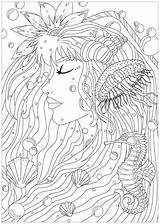 Coloring Woman Seas Sea Water Stars Pages Adult Worlds Jellyfish Creature Surrounded Hippocampes Captivating Fishes sketch template
