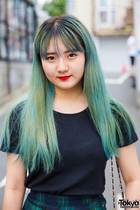green haired harajuku girl in pleated plaid skirt never