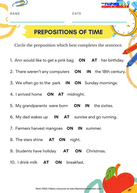 prepositions  time worksheet  filipino homeschooler
