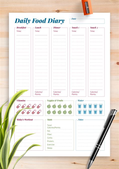 printable complex daily food diary