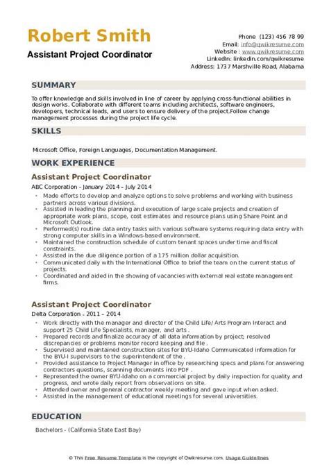 assistant project coordinator resume samples qwikresume