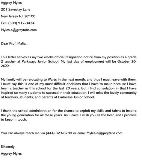 teacher letter  resignation examples