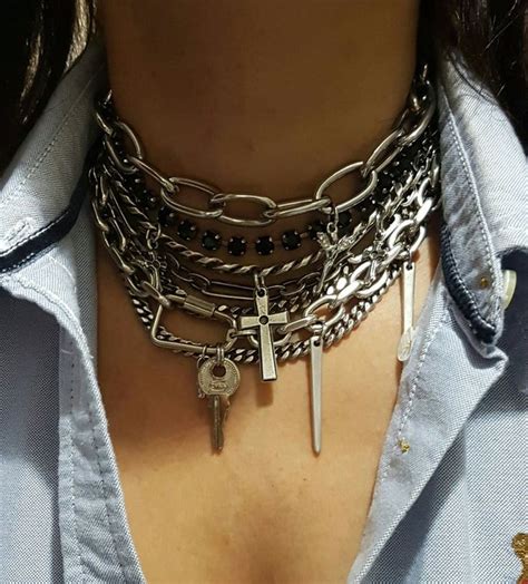 rock style layer link necklace  womens silver massive charms