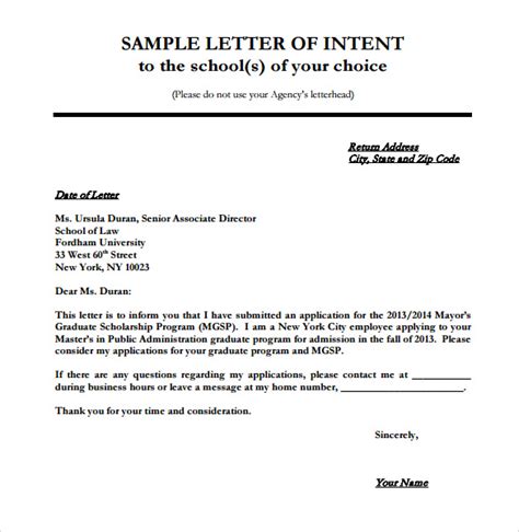 letter  intent residency template business