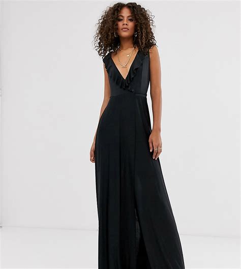asos design tall maxi jurk met ruches en overslag met strik zwart tall fashion