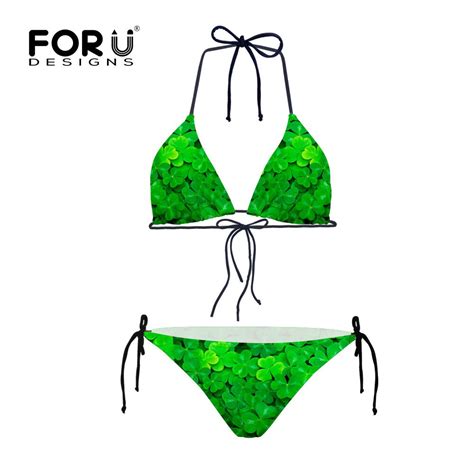Forudesigns Green Strappy Push Up Girls Bikini Swimsuit Floral Style