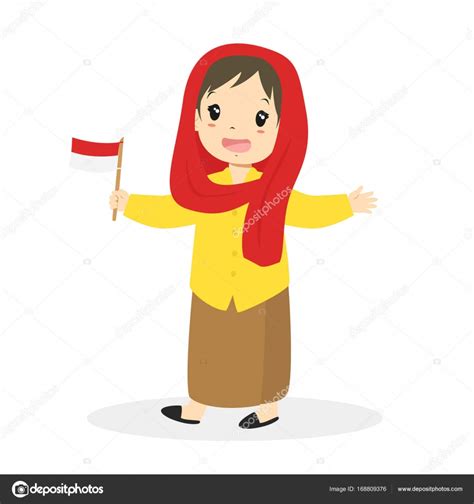 Jakarta Betawi Girl Holding Indonesian Flag Cartoon