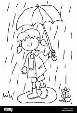 Girl Playing Outline Drawing Umbrella Puddle Little Water Rain Holding Cartoon Character Cute Boots Stock Alamy While Childlike Smile Big sketch template