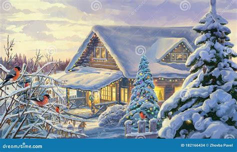 winter landscape  festive christmas fir  bullfinches stock illustration illustration