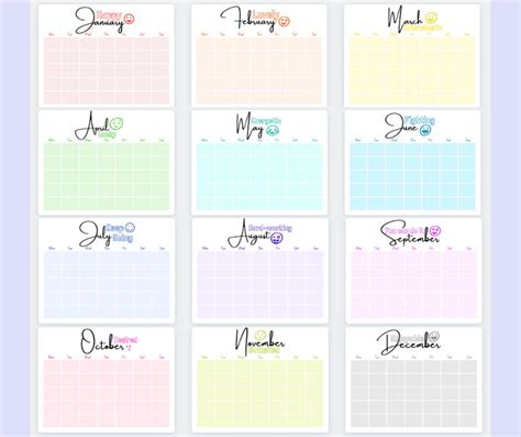 colorful monthly blank calendar   inches printable etsy