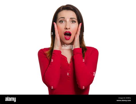 stunned woman in red long sleeve open mouth in awe looking isolated on