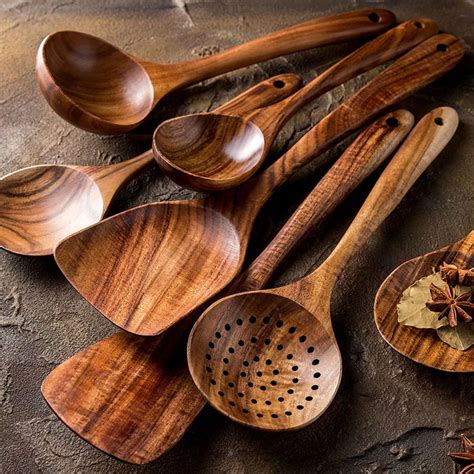 piece wooden utensil set natural acacia woodkitchenware etsy wood