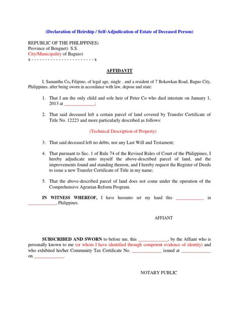 declaration  heirship affidavit intestacy