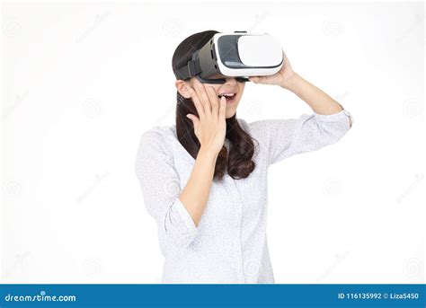woman wearing virtual reality goggles stock photo image  happy display