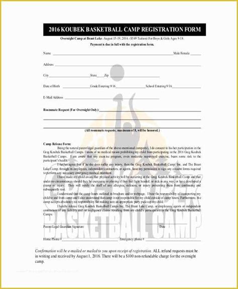 basketball registration form template   printable registration