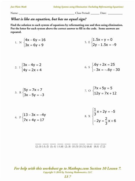 solving system  equations  elimination worksheet kidsworksheetfun