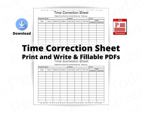 etsy shop employee work time correction sheet printable