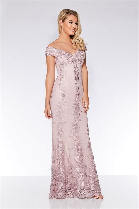 pink mesh embroidered bardot maxi dress mother   bride dresses long wedding dress long