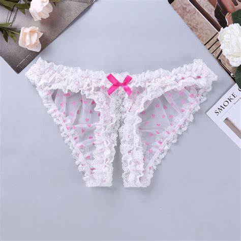 mens ruffled hearted lace sissy crotchless panties briefs underwear