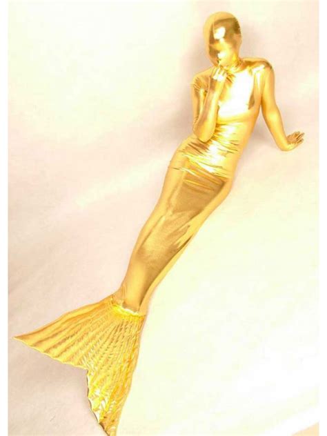 golden sleeping mermaid shiny metallic zentai suit