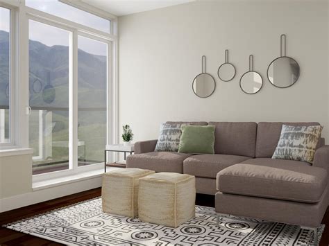 minimalist living room  dazzling circular mirror accent wall