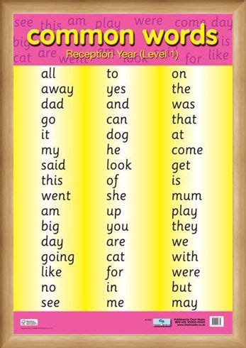 common words level  educational childrens chart poster buy