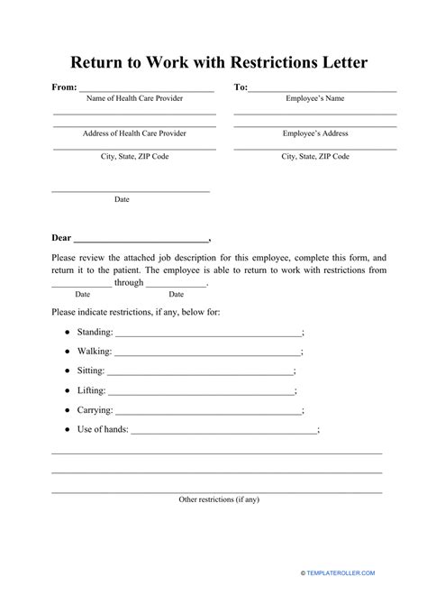 return  work  restrictions letter template  printable