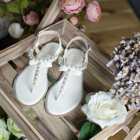 shesole shesole white  strap buckle flat sandals  women pearls beach wedding shoes