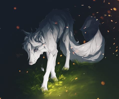 white wolf long tail creature forest grass sad sad white wolf anime