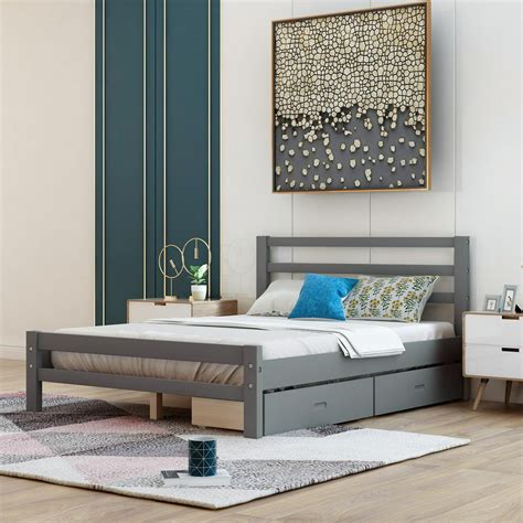 full size platform bed   drawers  wheels gray solid wooden bed frame  headboard