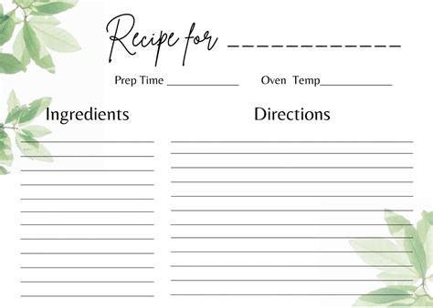 green leaf recipe card template blank  customizable etsy