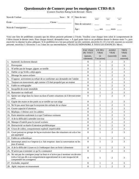 conners adhd test  children  printable