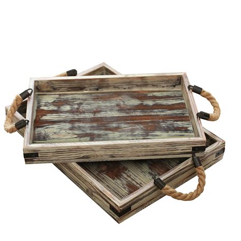 country rustic wood coffee tray set    rope handles breakfast platters serving trays