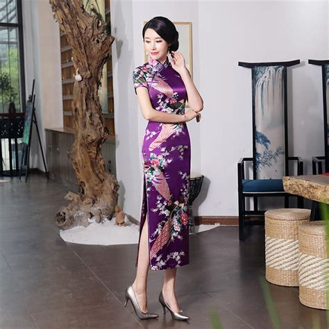 sexy long purple cheongsam dress traditional satin print women s