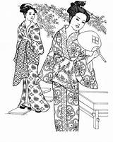 Geisha Coloring Drawing Japan Yukata Decorated Plum Medallions Casual Netart Clothing Drawings Designlooter sketch template