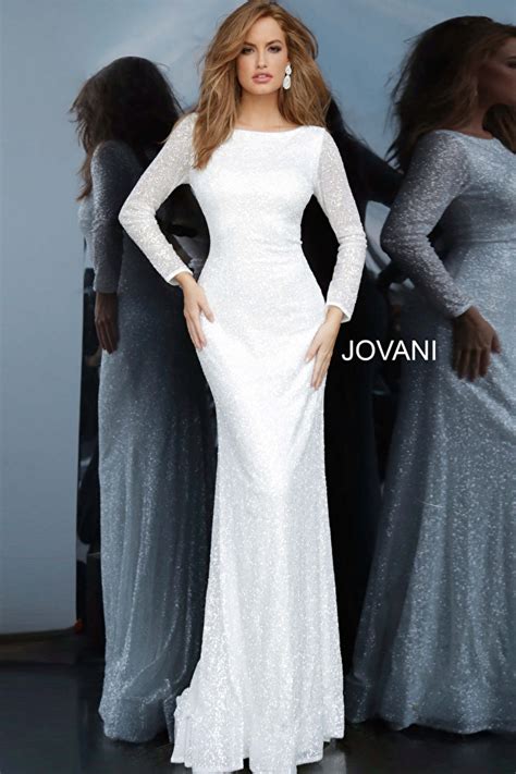 Jovani 2927 White Boat Neck Long Sleeve Dress