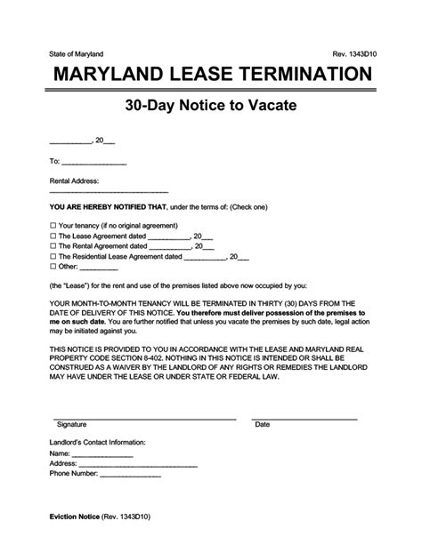 day notice  vacate maryland template