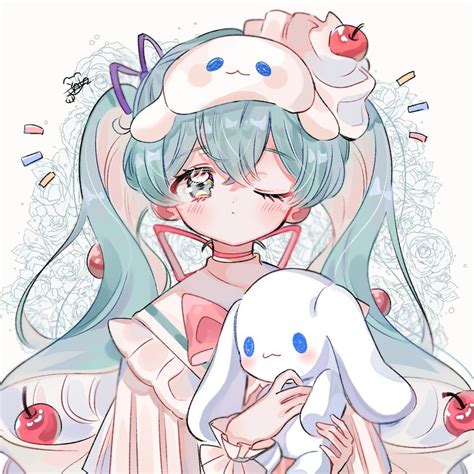 hatsune miku and cinnamoroll vocaloid and 1 more drawn by yalmyu