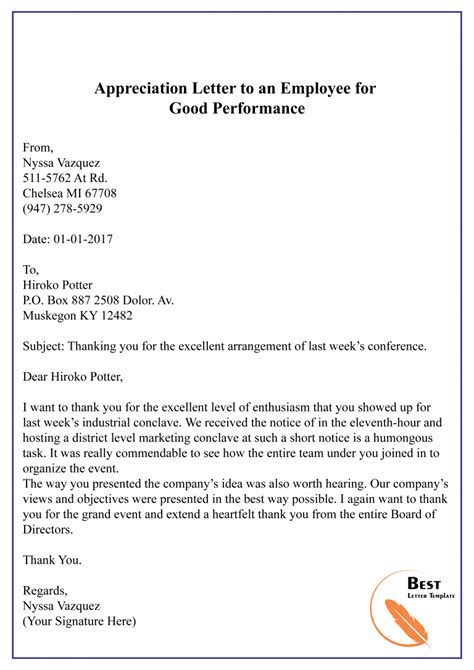 appreciation letter   employee  good performance