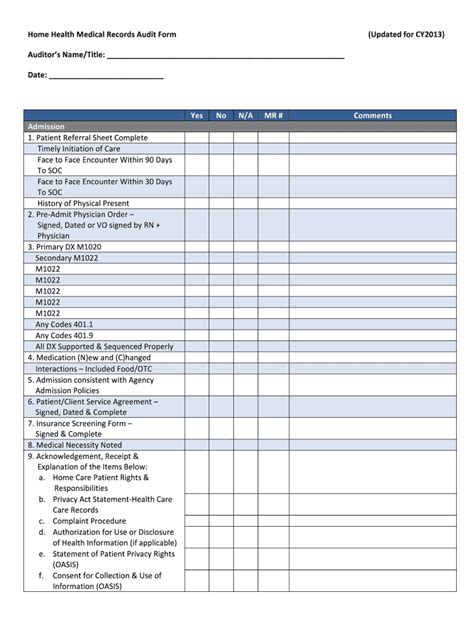 home health medical records audit form fill  printable