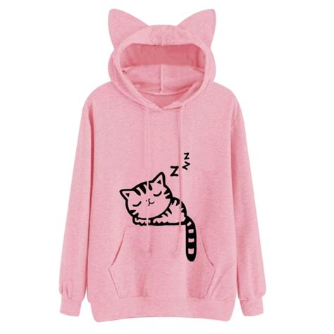 Harajuku Women Hoodies Sweatshirt Kawaii Pink Winter Cat Pattern Long