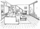 Drawing Interior Perspective Room Living House Bedroom Drawings sketch template